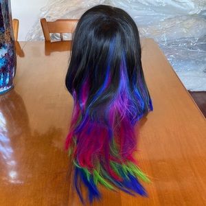 Black multi color wig purple blue pink green Cosplay dancer costumer